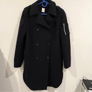 Yargicic navy blue double breasted longline thick military style coat size 0